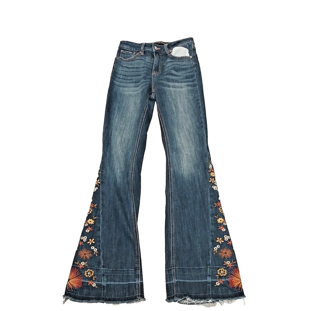 Womens Floral Embroidered Bell Bottom Jeans 5/27 Boho Hippie Western Cottagecore